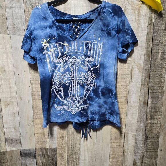 Affliction Women's MADRIGAL Split Neck Cross Embellished Blue Short Sleeve Tee - Picture 1 of 3